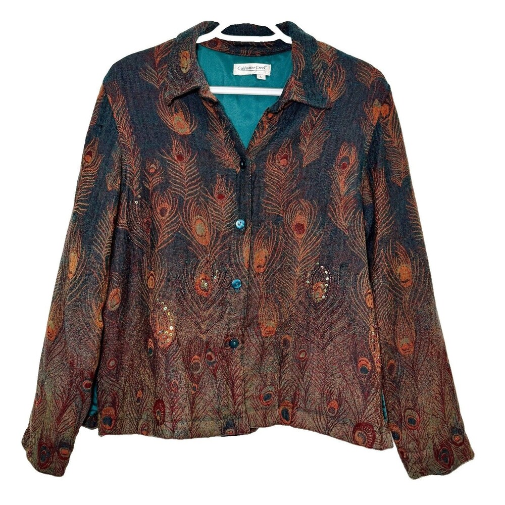 Coldwater Creek Wool Peacock Feather Art Wear Jacket L Beaded Lined Boho VTG